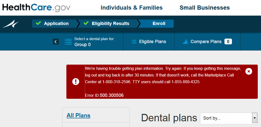 healthcare.gov Choose Dental Plan Error