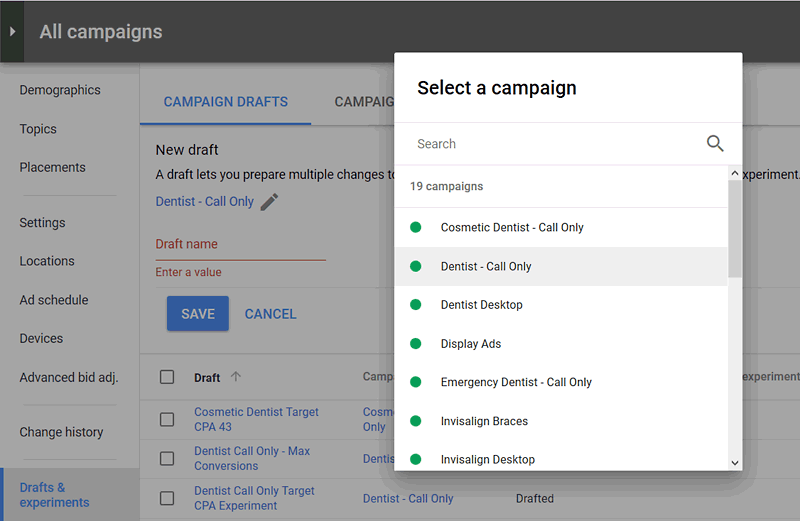 Selecting Campaign for Experiment in Adwords
