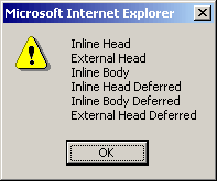 Internet Explorer 6 Windows 2000 defer test output screen shows deferred execution, but inline head deferred scripts vary