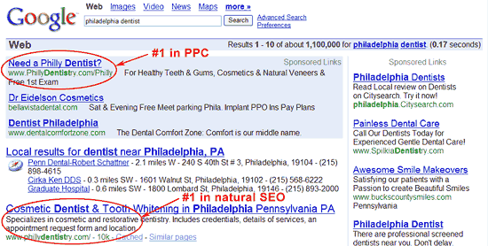 phillydentistry.com google rankings after first website optimization