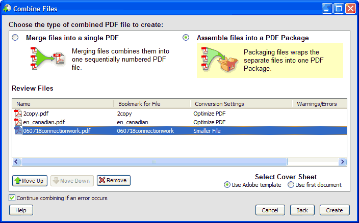 combining files into a package in acrobat 8 pro