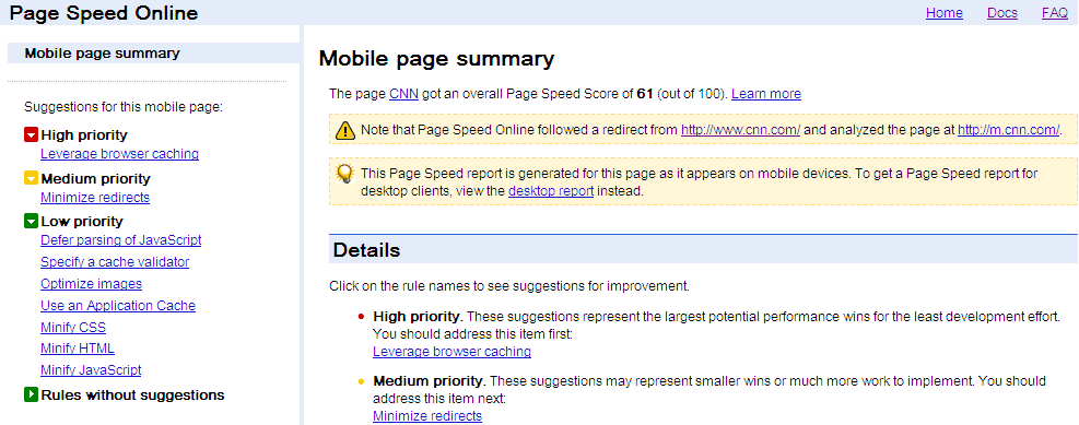 page speed mobile results