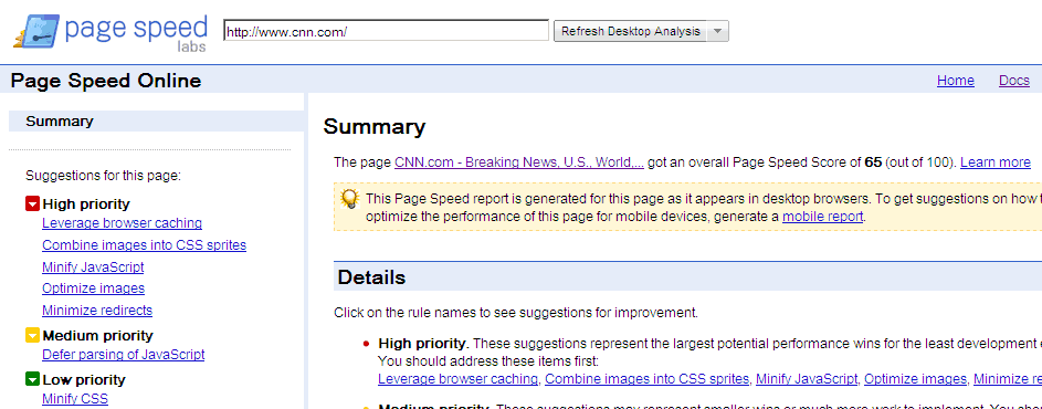 page speed online in action on cnn.com
